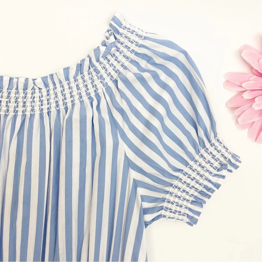 J. Crew Smocked Puff Sleeve Cotton Poplin Dress: Blue White Stripe Nautical - Picture 6 of 14